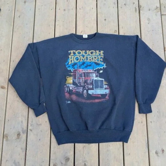 Vintage 90s Tough Hombre Big Rig Trucker Sweatshirt Quest Sportswear XL - Picture 1 of 8